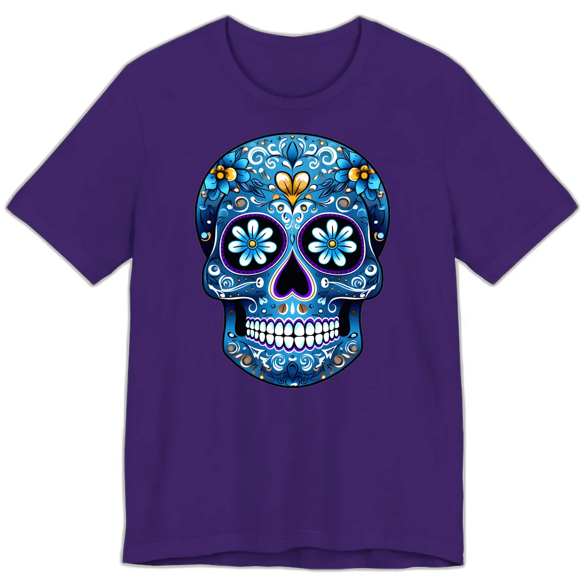 Vibrant Blue Floral Sugar Skull Calavera Premium T-Shirt in Team Purple
