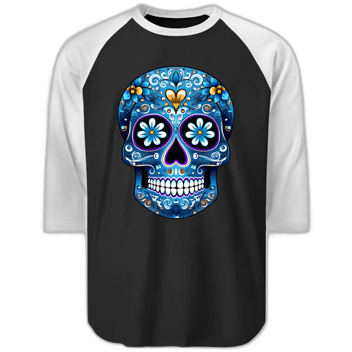 Vibrant Blue Floral Sugar Skull Calavera Raglan 3/4 in Black White