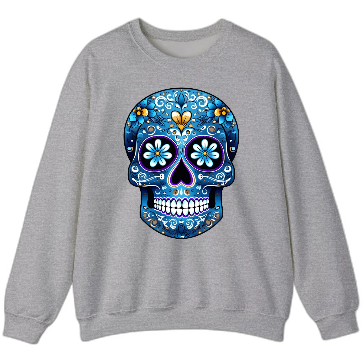Vibrant Blue Floral Sugar Skull Calavera Sweatshirt in Sport Grey