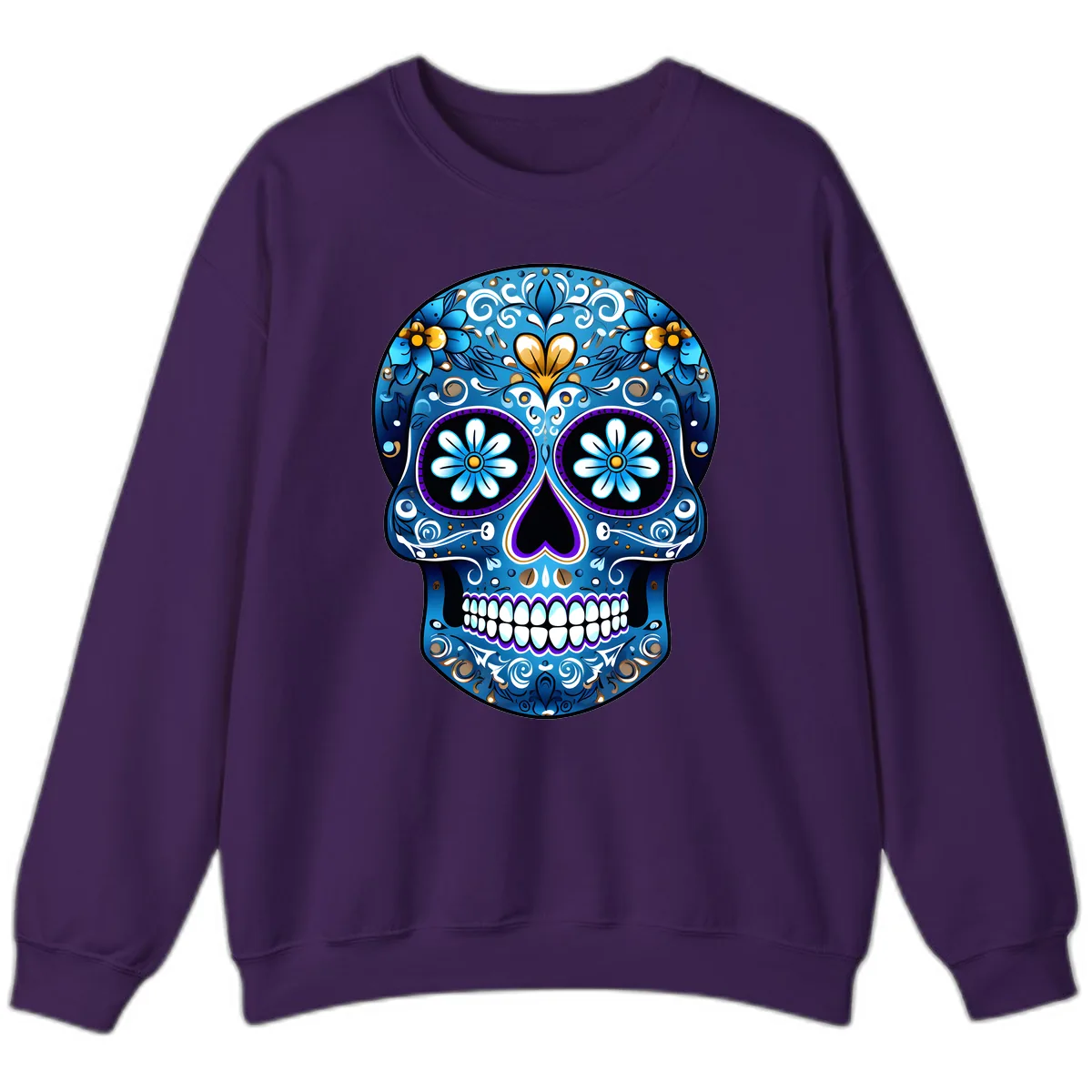 Vibrant Blue Floral Sugar Skull Calavera Sweatshirt in Purple