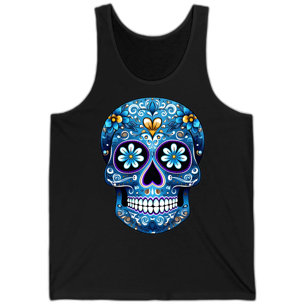 Vibrant Blue Floral Sugar Skull Calavera Tank in Black