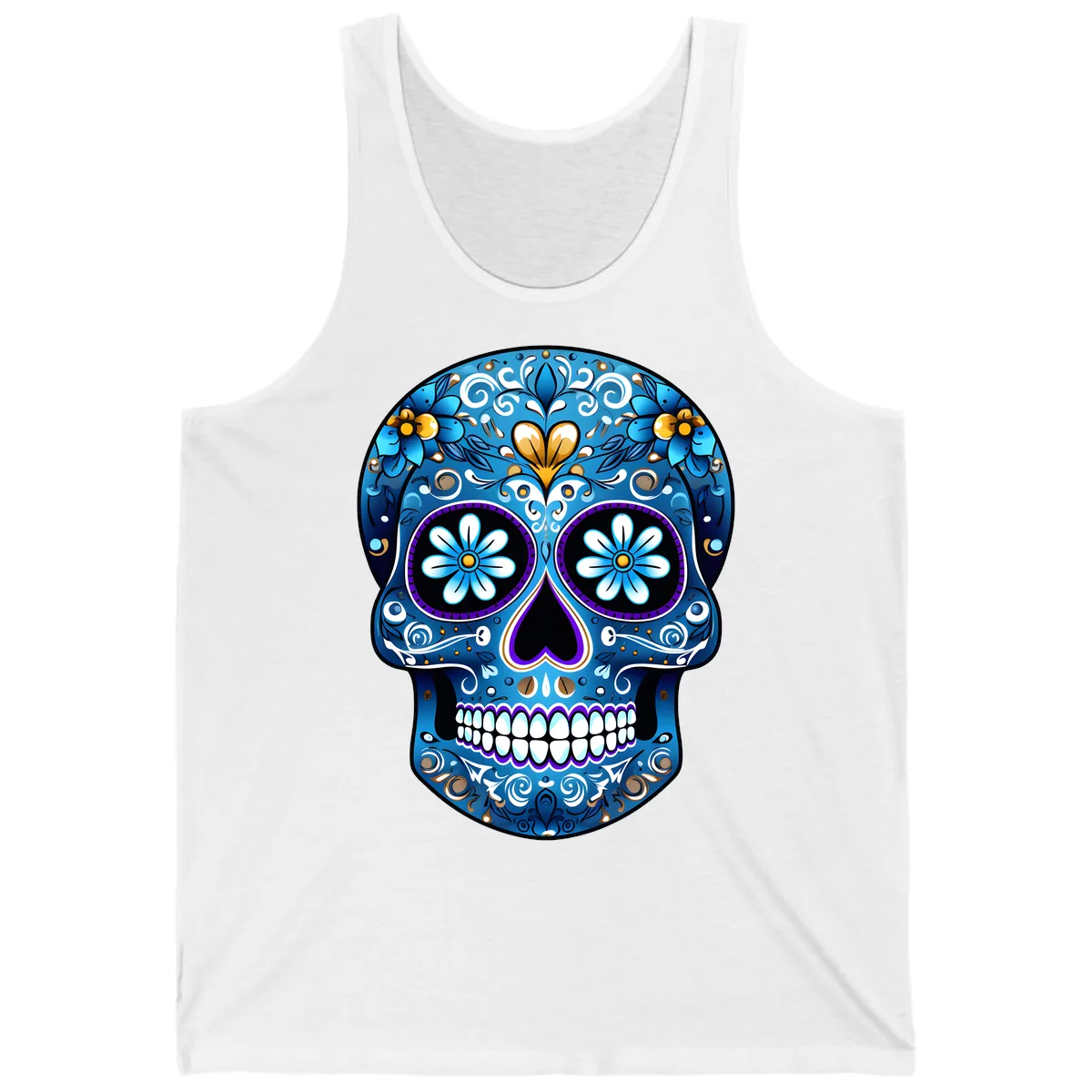 Vibrant Blue Floral Sugar Skull Calavera Tank in White