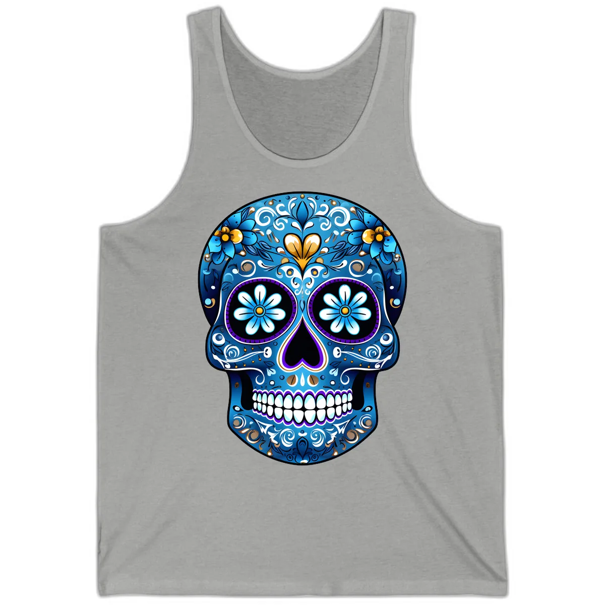 Vibrant Blue Floral Sugar Skull Calavera Tank in Athletic Heather