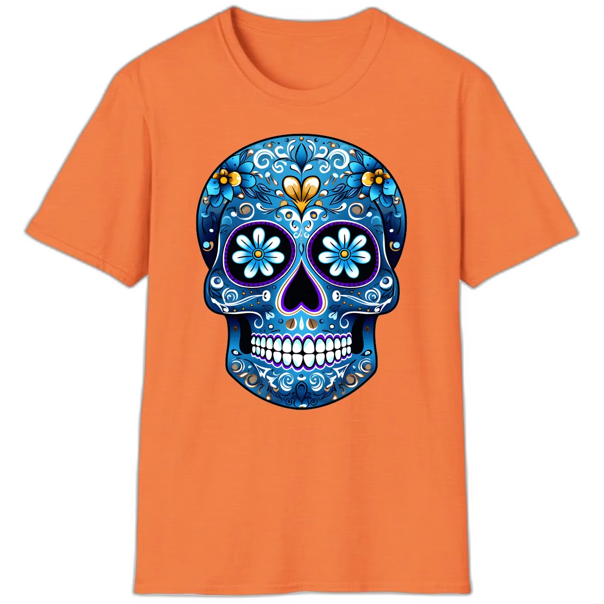 Vibrant Blue Floral Sugar Skull Calavera T-Shirt in Heather Orange