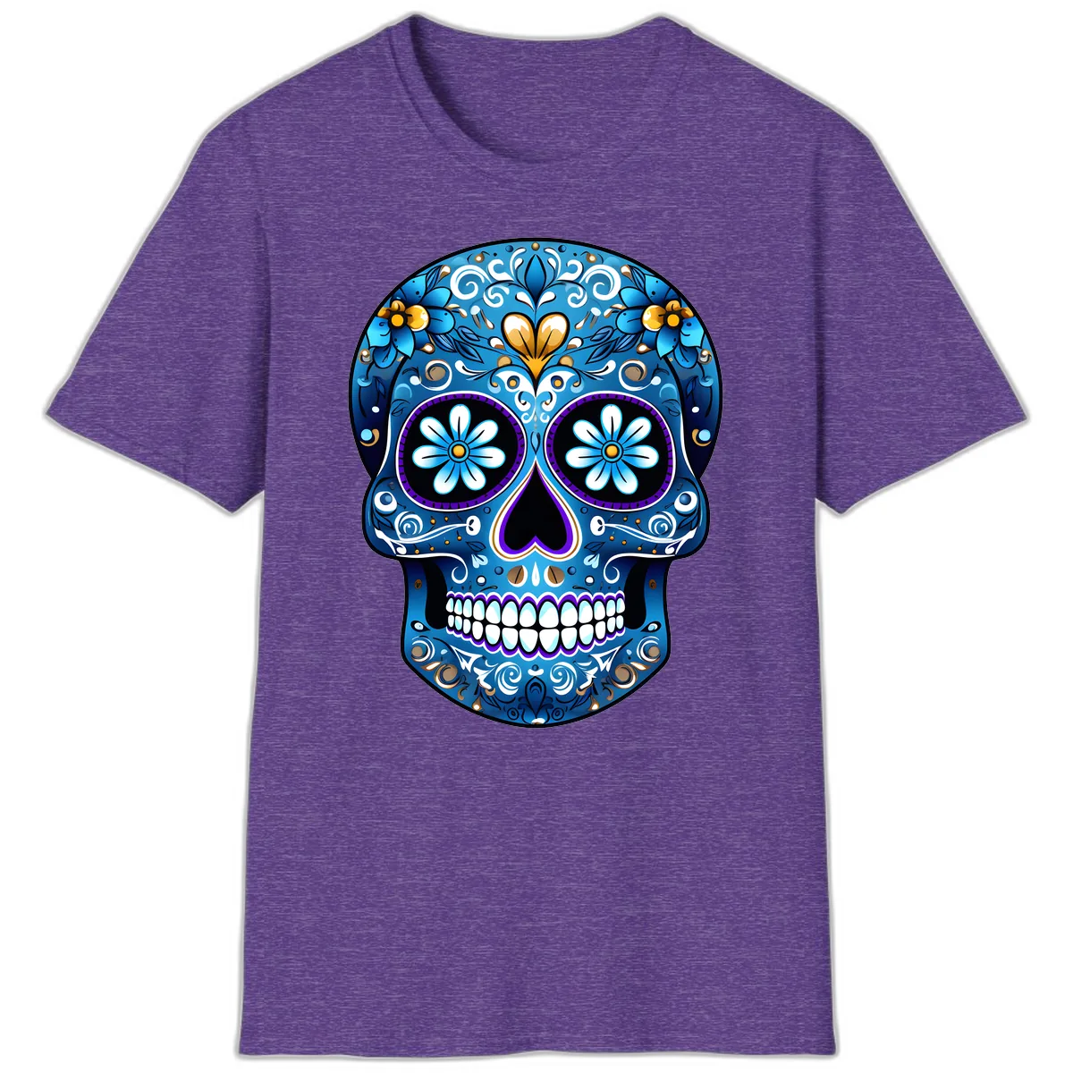 Vibrant Blue Floral Sugar Skull Calavera T-Shirt in Heather Purple