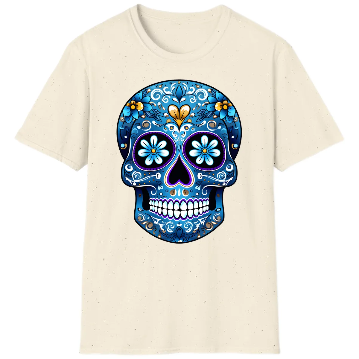Vibrant Blue Floral Sugar Skull Calavera T-Shirt in Natural