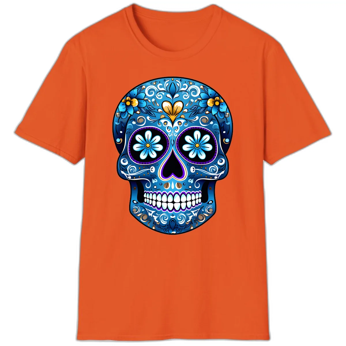 Vibrant Blue Floral Sugar Skull Calavera T-Shirt in Orange