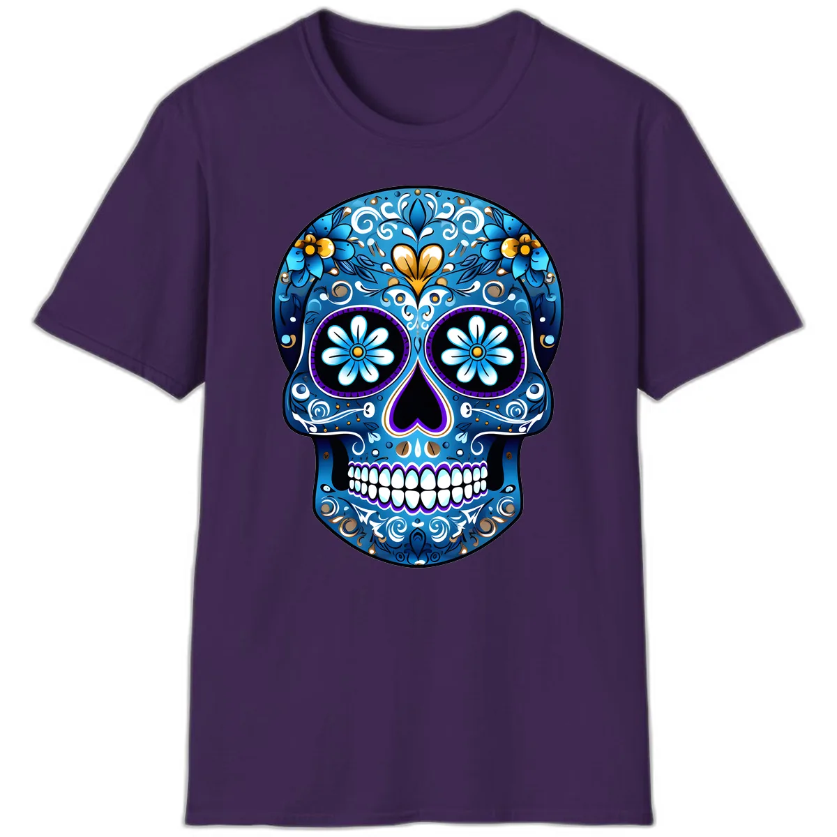 Vibrant Blue Floral Sugar Skull Calavera T-Shirt in Purple