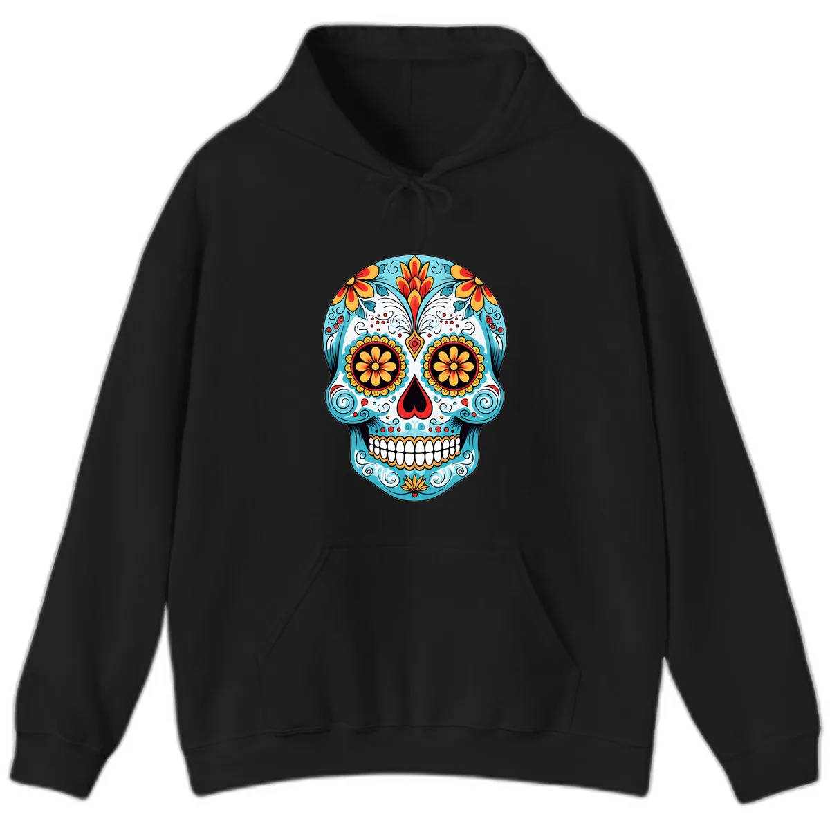 Vibrant Floral Calavera Sugar Skull Hoodie in Black