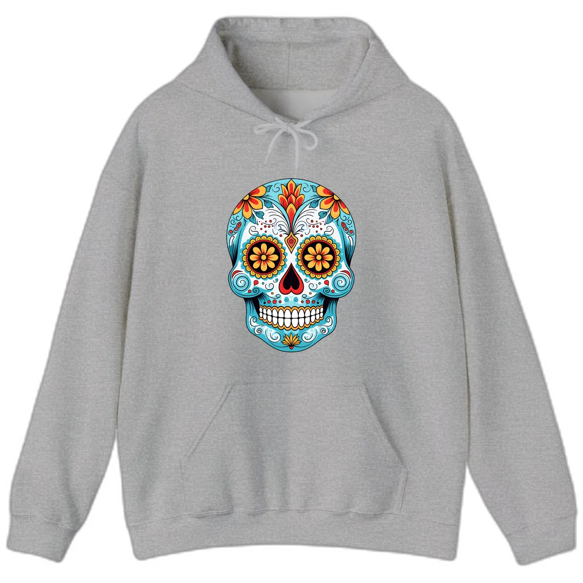 Vibrant Floral Calavera Sugar Skull Hoodie in Sport Grey