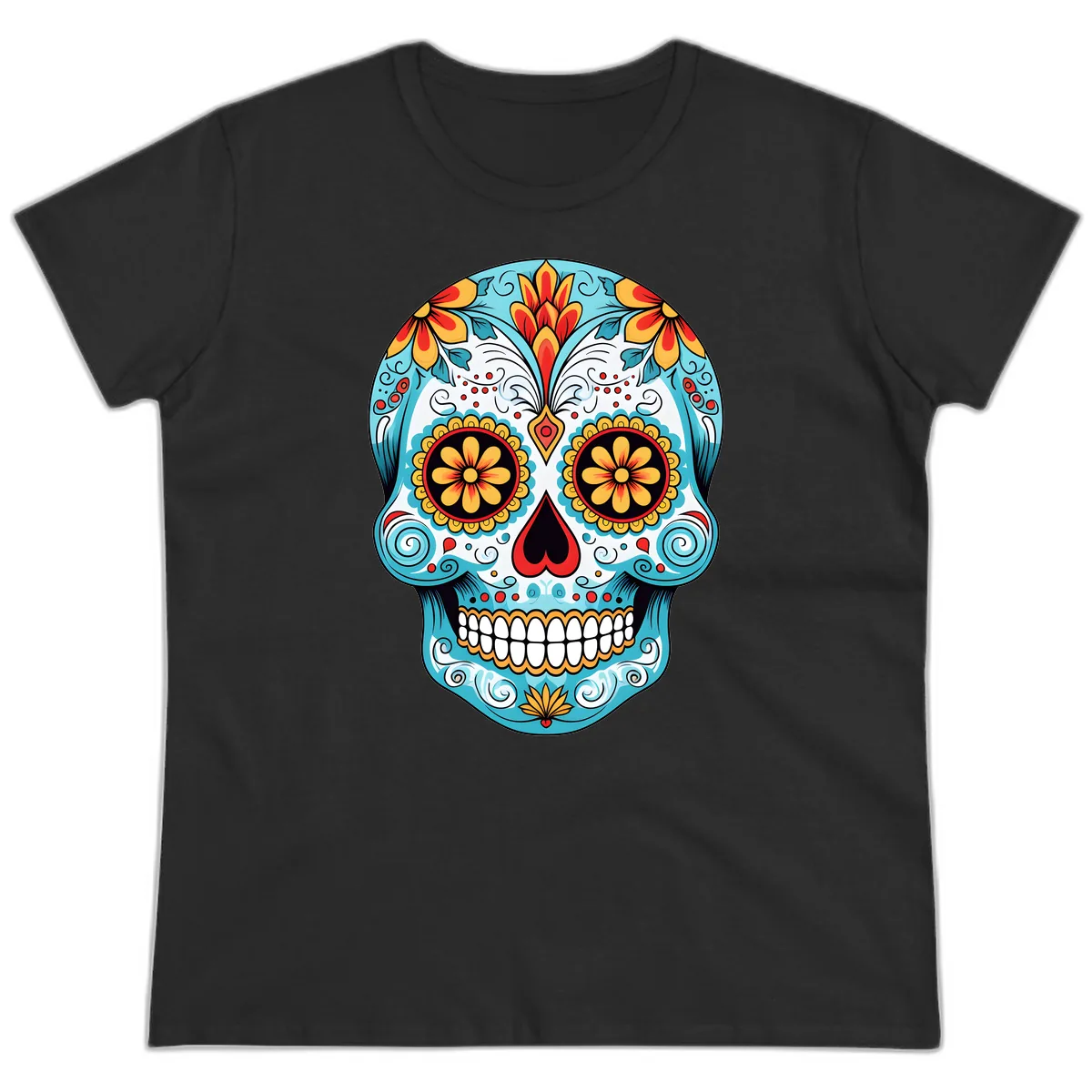 Vibrant Floral Calavera Sugar Skull Ladies Tee in Black