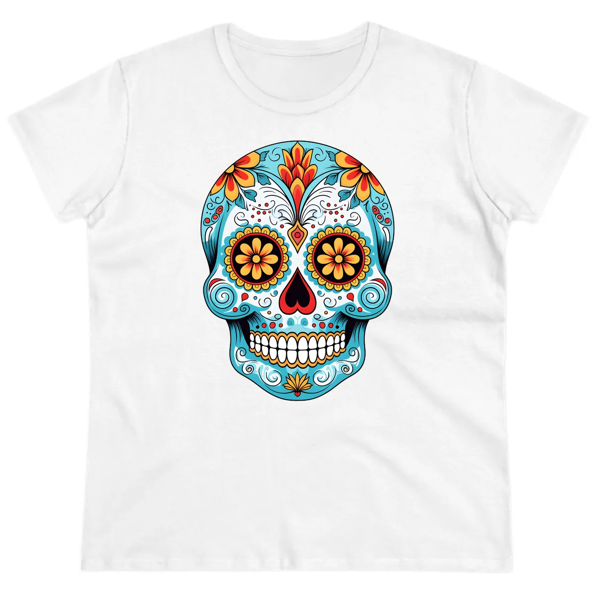Vibrant Floral Calavera Sugar Skull Ladies Tee in White