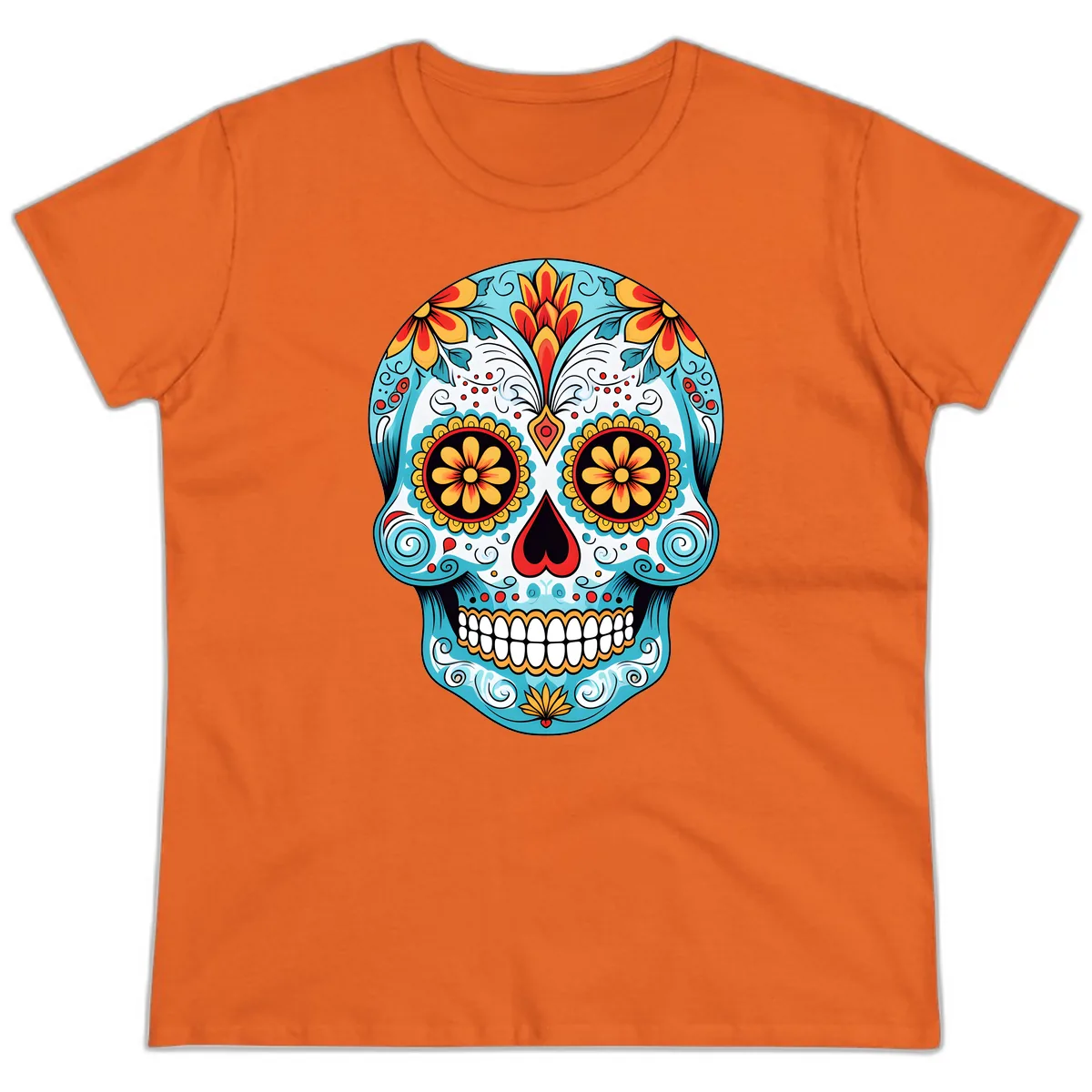 Vibrant Floral Calavera Sugar Skull Ladies Tee in Orange