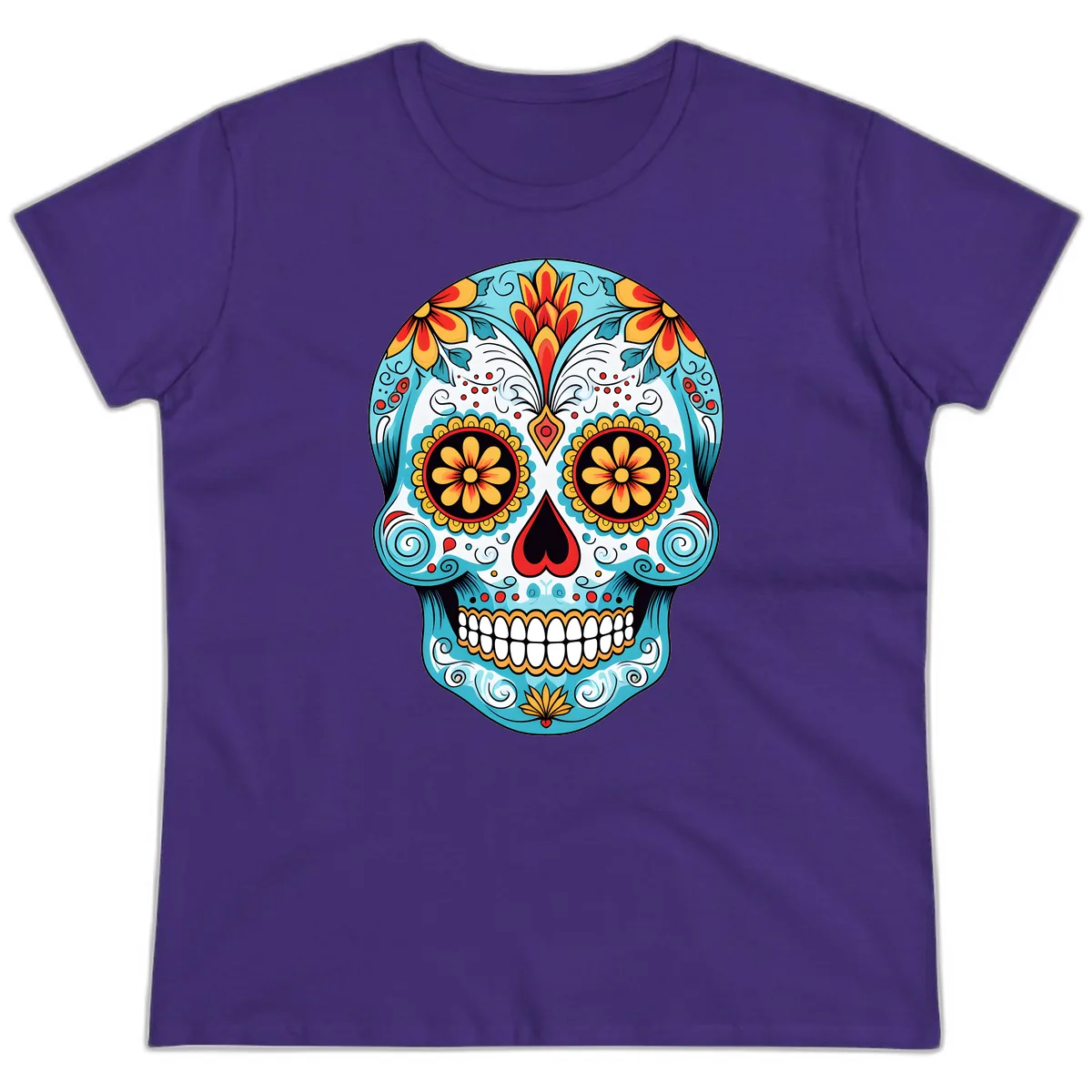 Vibrant Floral Calavera Sugar Skull Ladies Tee in Purple