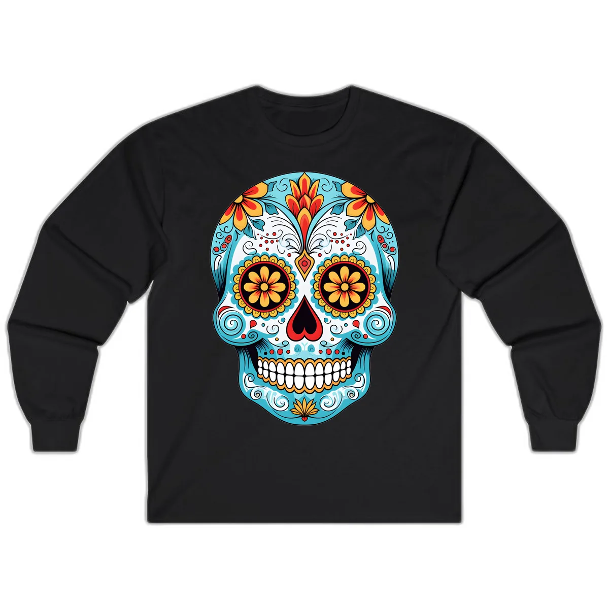 Vibrant Floral Calavera Sugar Skull Long Sleeve in Black