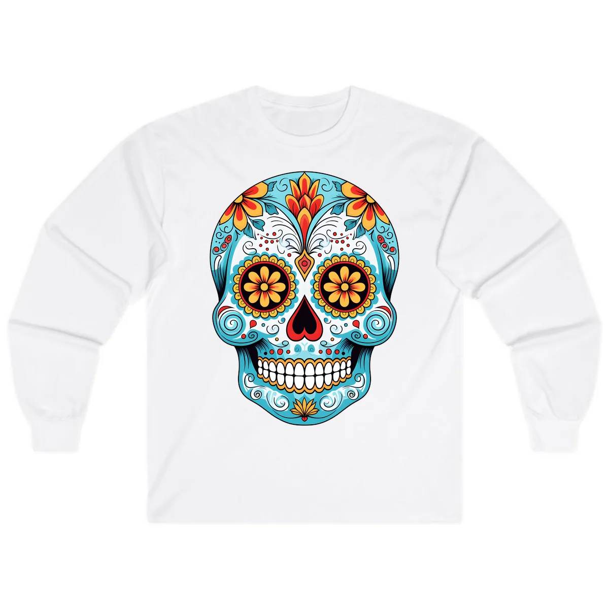 Vibrant Floral Calavera Sugar Skull Long Sleeve in White