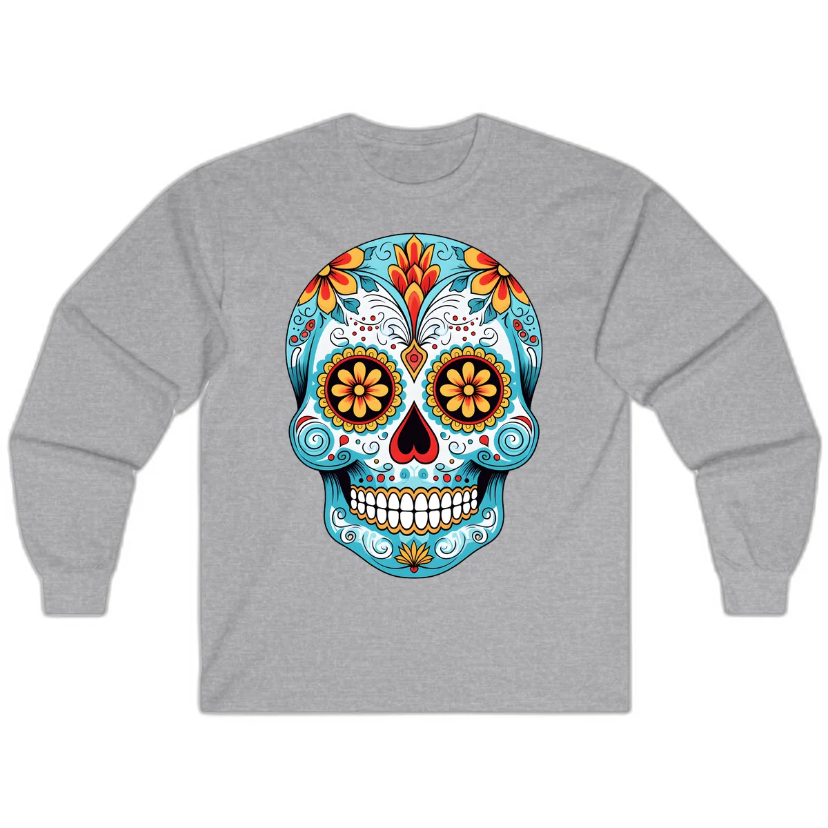Vibrant Floral Calavera Sugar Skull Long Sleeve in Sport Grey