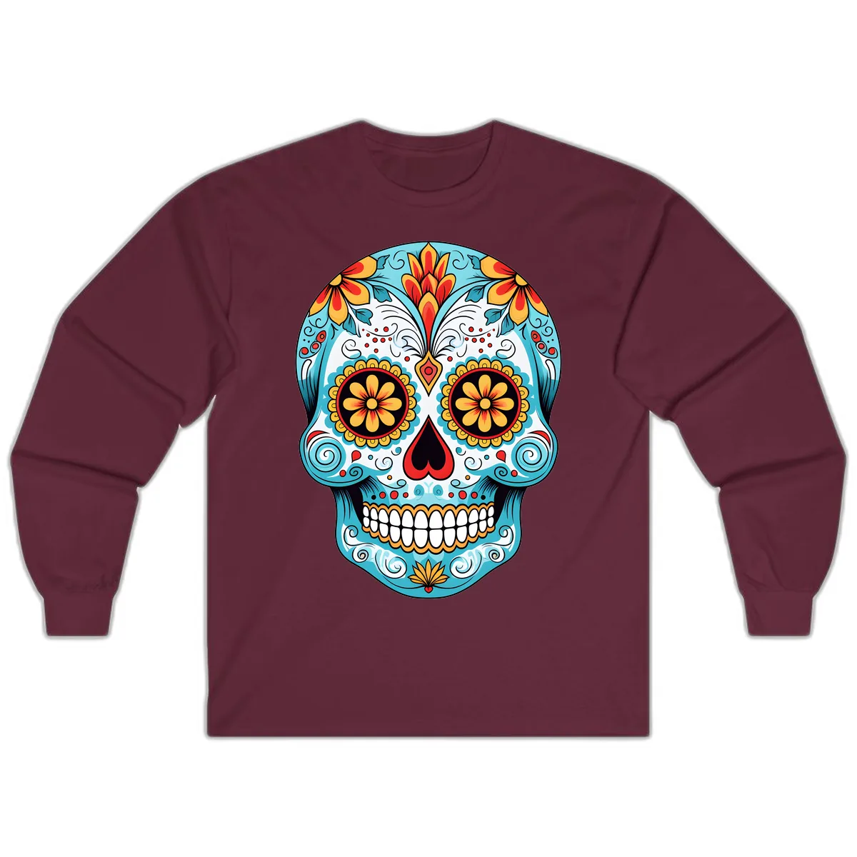 Vibrant Floral Calavera Sugar Skull Long Sleeve in Maroon