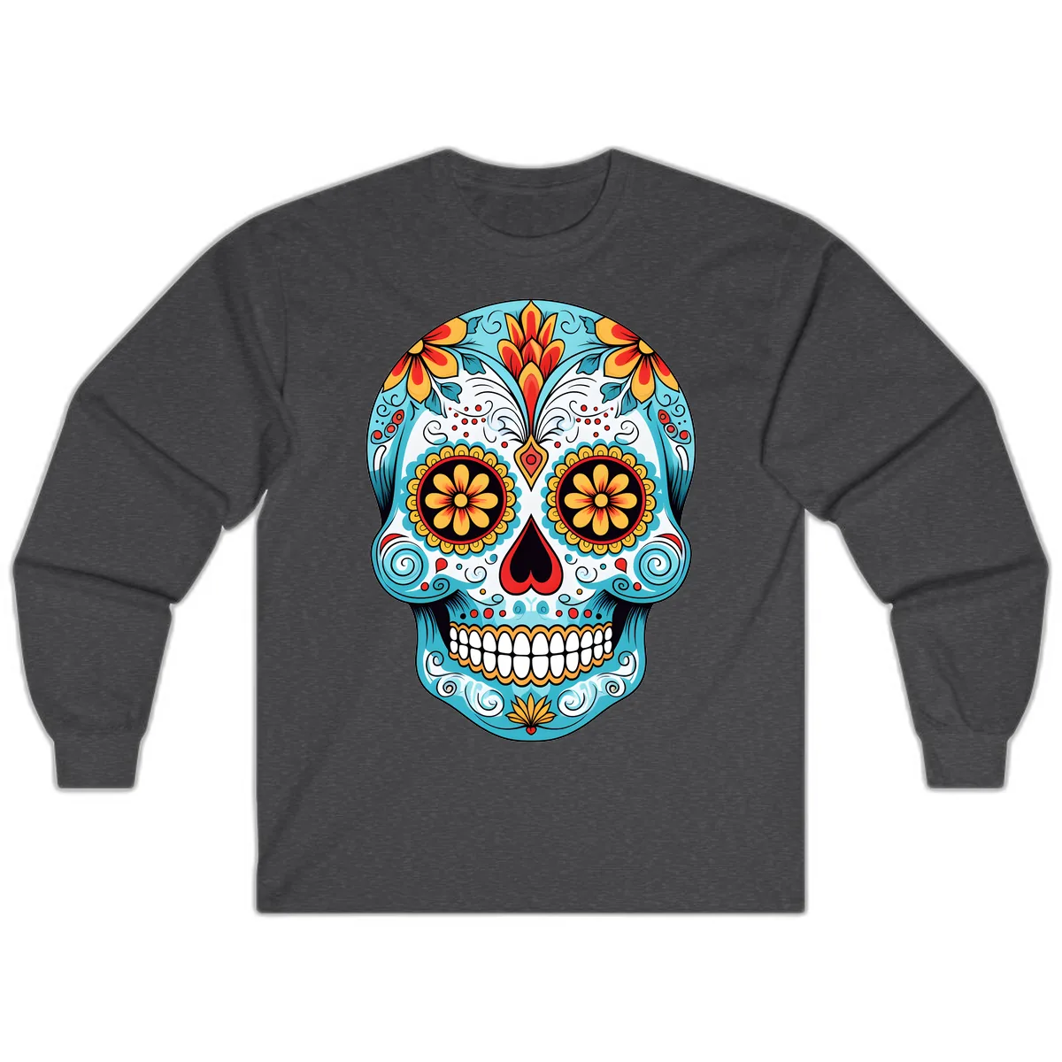 Vibrant Floral Calavera Sugar Skull Long Sleeve in Dark Heather