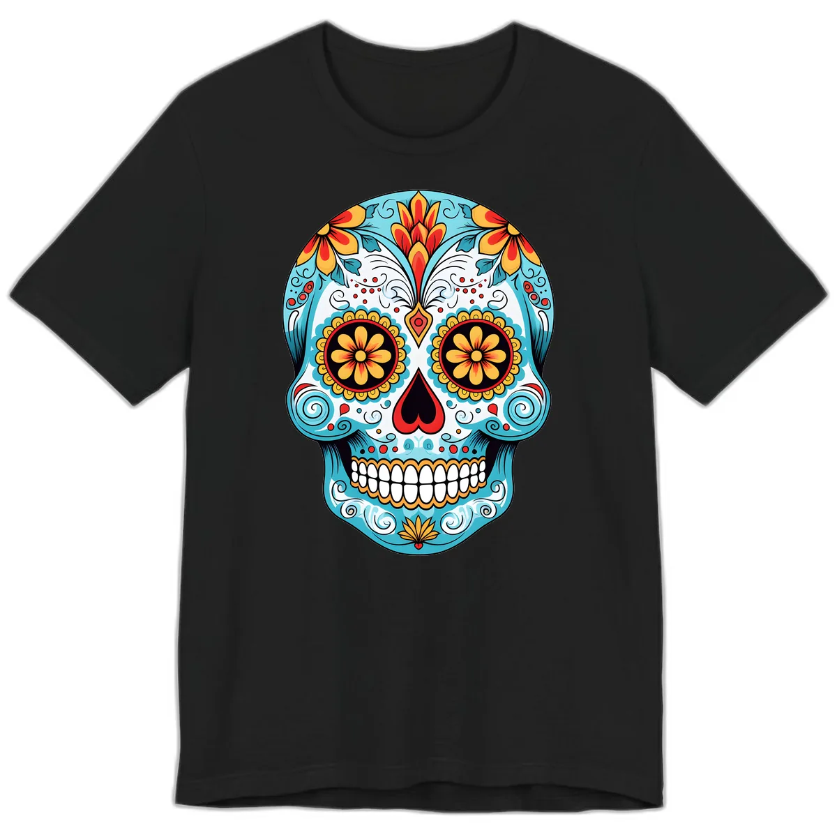 Vibrant Floral Calavera Sugar Skull Premium T-Shirt in Black