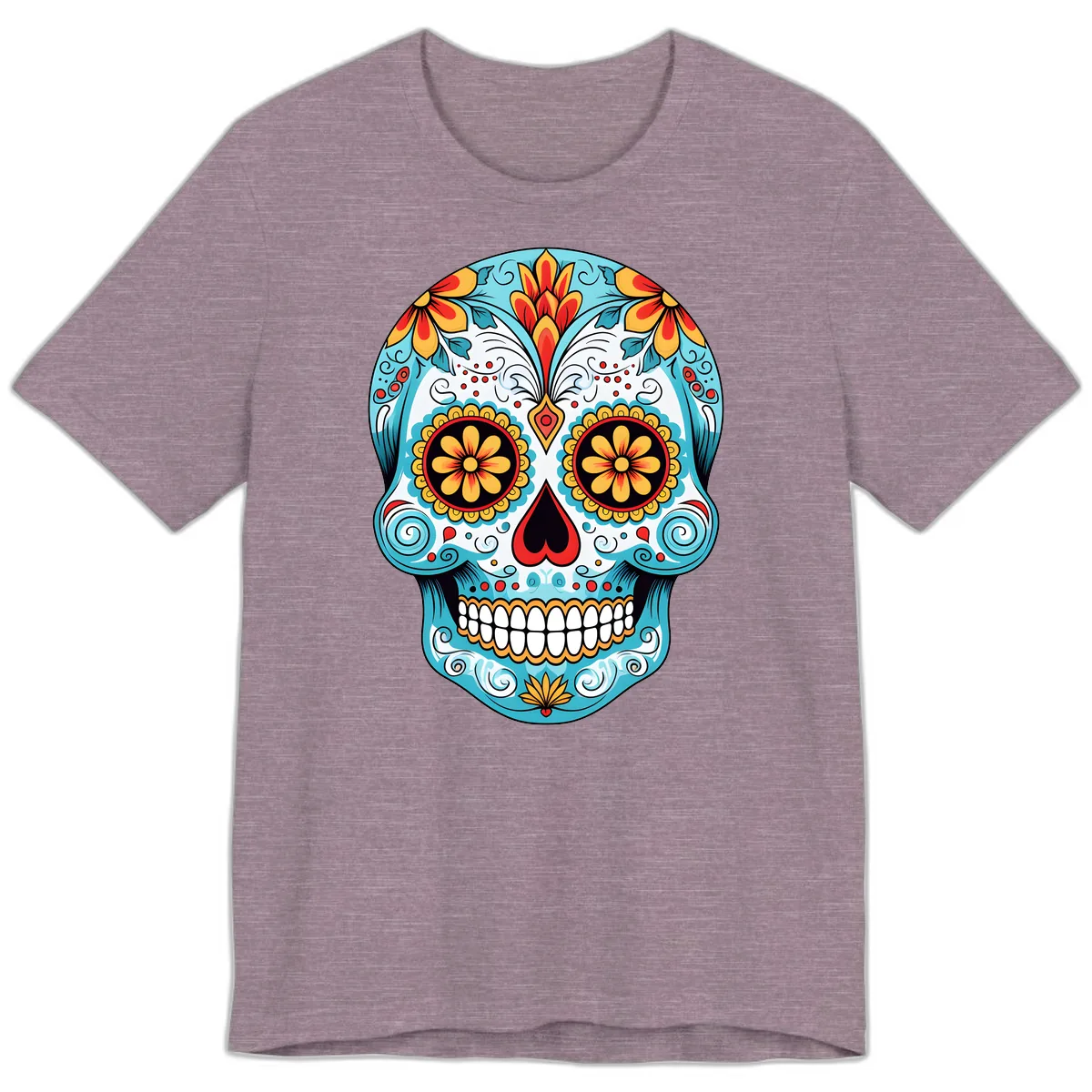 Vibrant Floral Calavera Sugar Skull Premium T-Shirt in Heather Purple