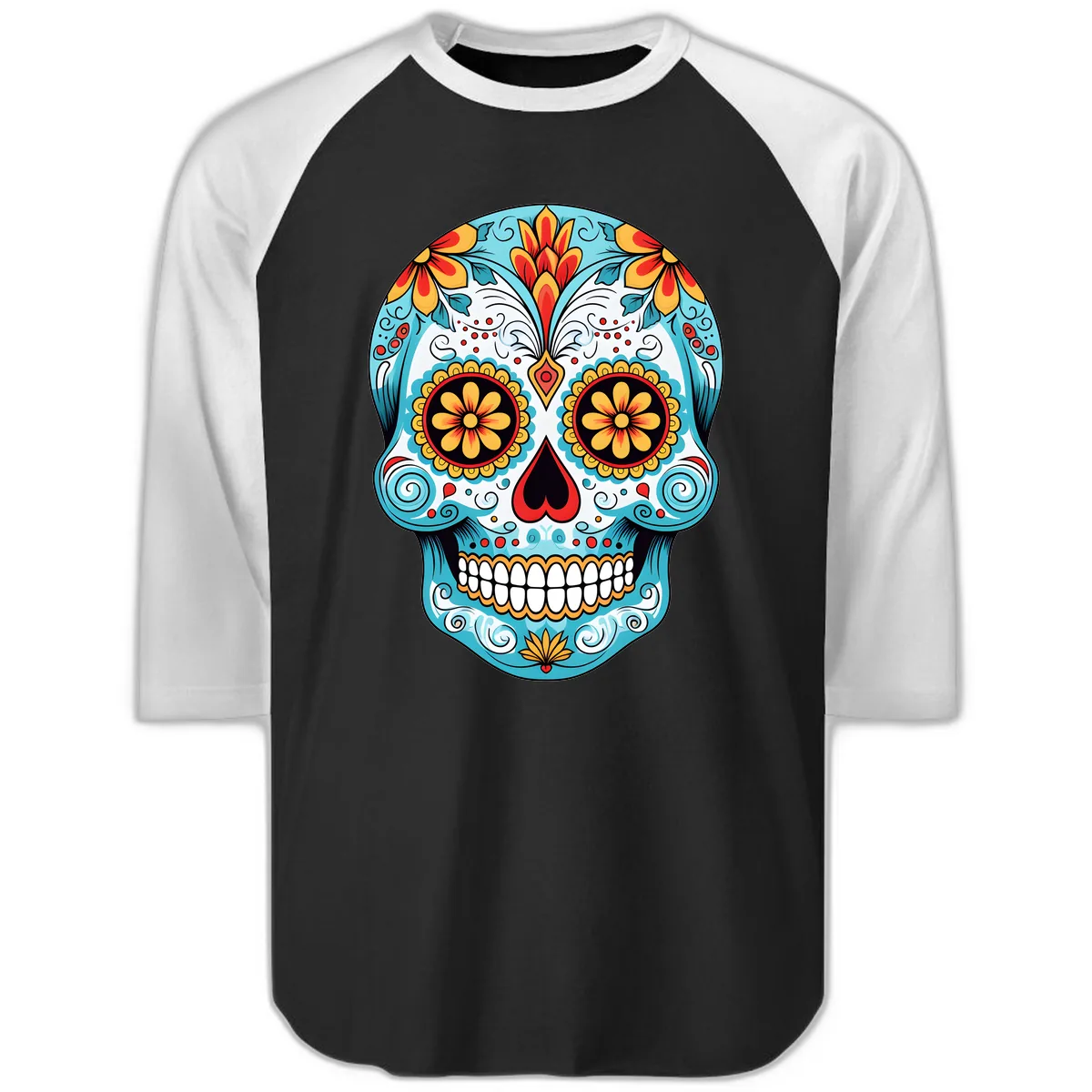Vibrant Floral Calavera Sugar Skull Raglan 3/4 in Black White