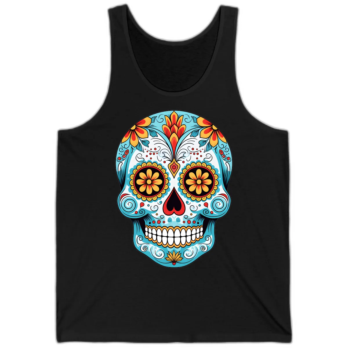 Vibrant Floral Calavera Sugar Skull Tank in Black