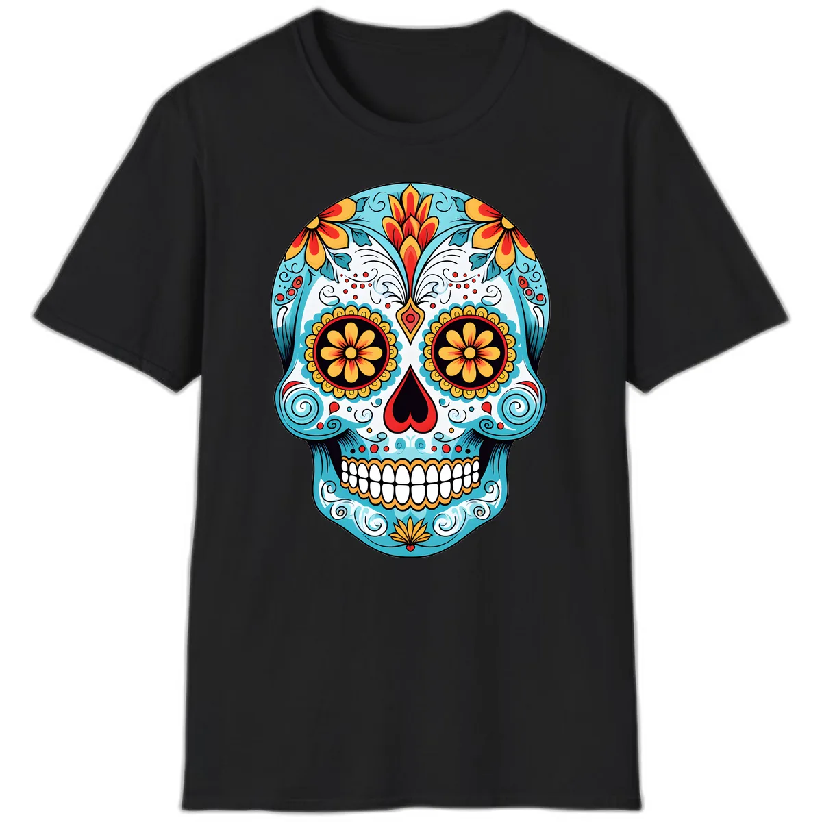 Vibrant Floral Calavera Sugar Skull T-Shirt in Black