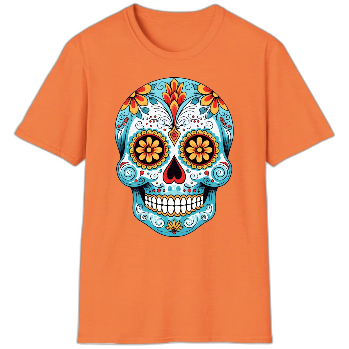 Vibrant Floral Calavera Sugar Skull T-Shirt in Heather Orange