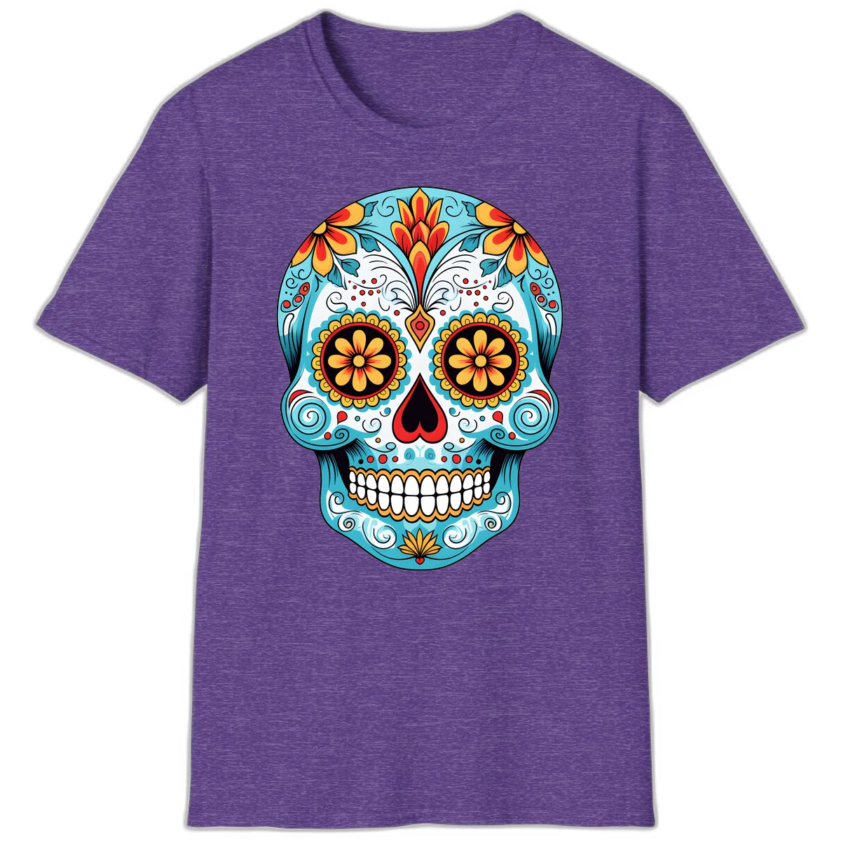Vibrant Floral Calavera Sugar Skull T-Shirt in Heather Purple