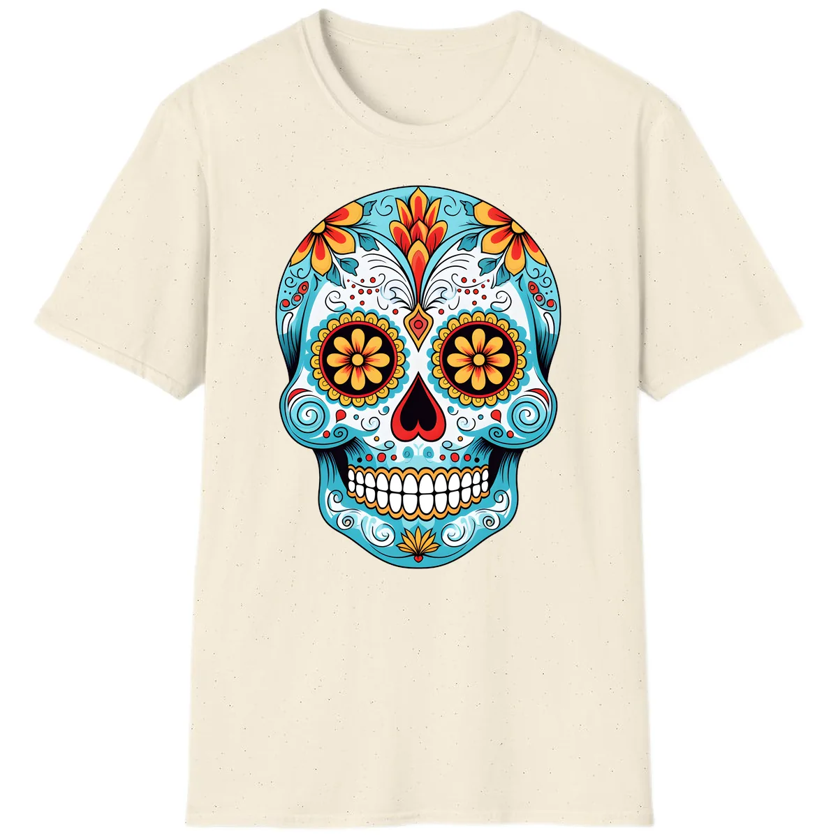 Vibrant Floral Calavera Sugar Skull T-Shirt in Natural