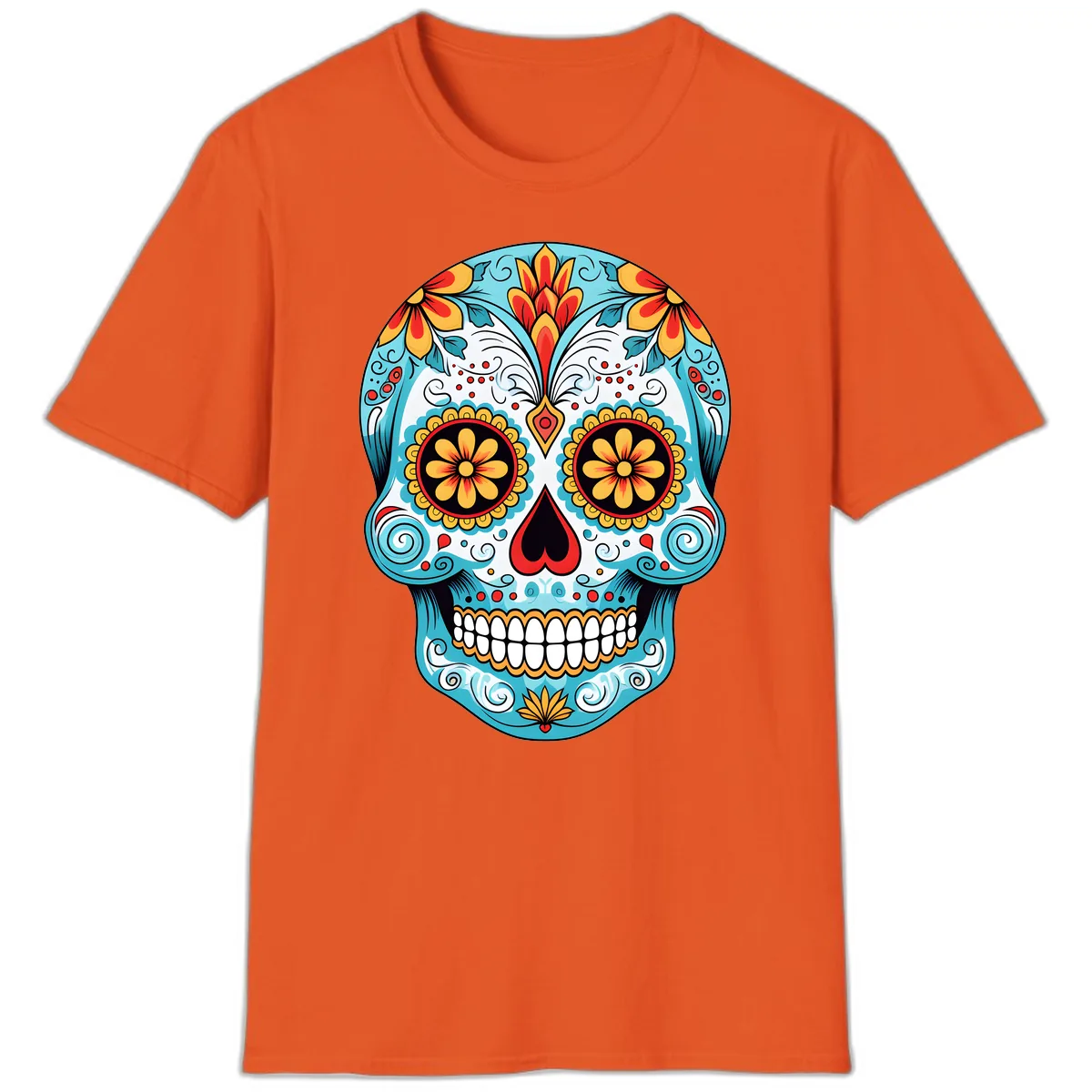 Vibrant Floral Calavera Sugar Skull T-Shirt in Orange
