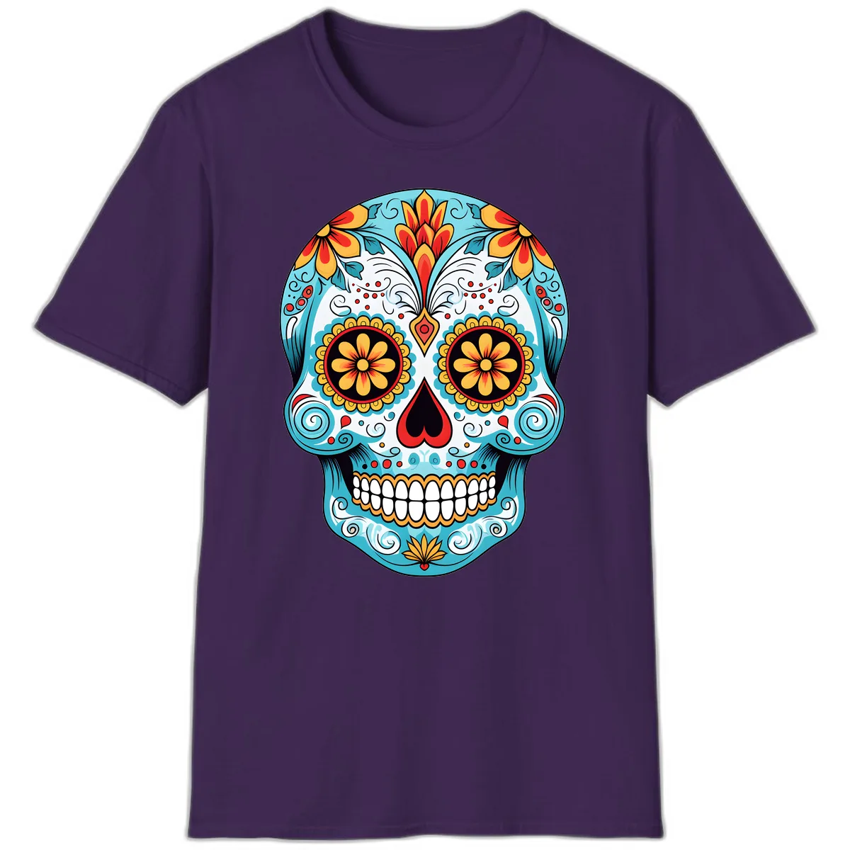 Vibrant Floral Calavera Sugar Skull T-Shirt in Purple