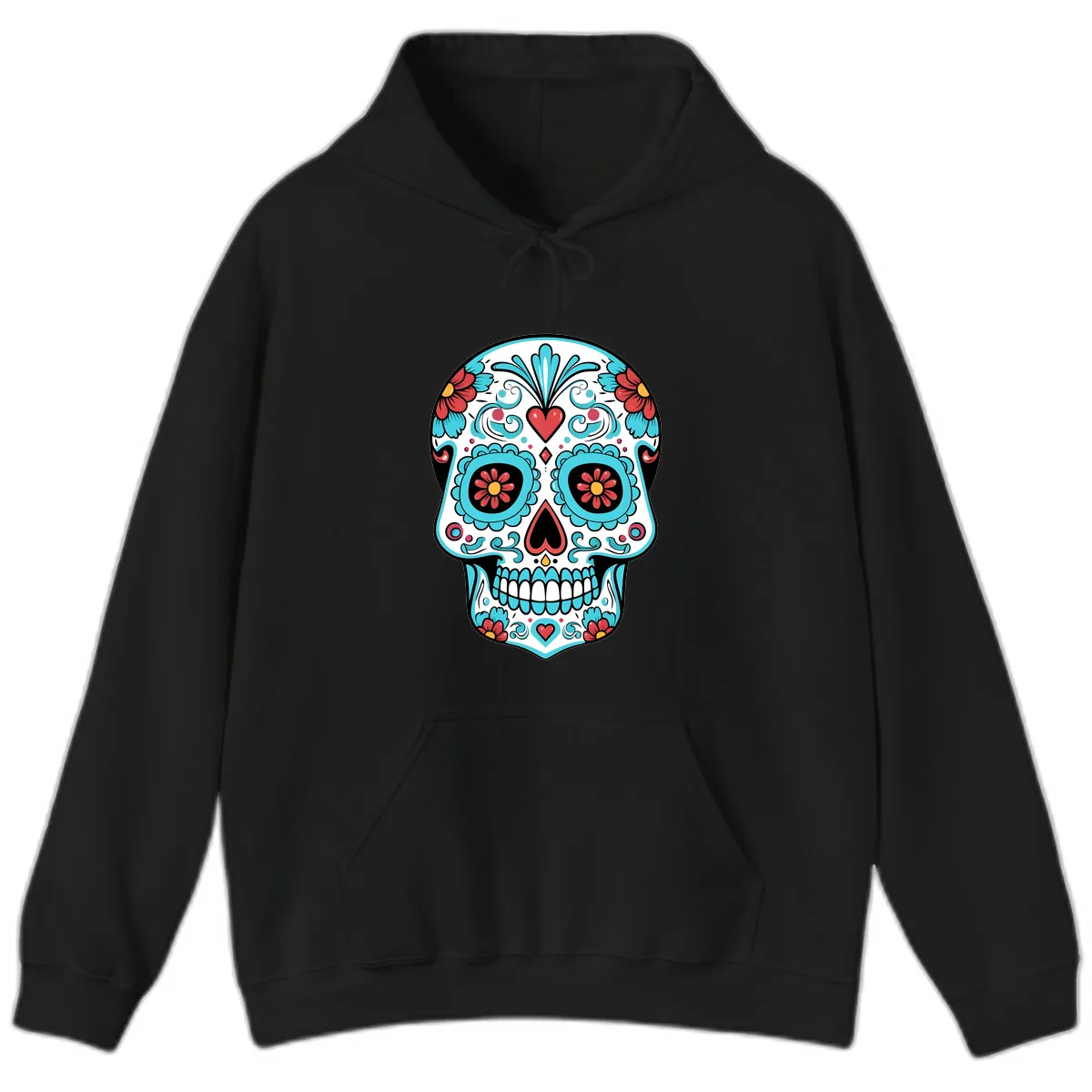 Vibrant Calavera Floral Heart Skull Hoodie in Black