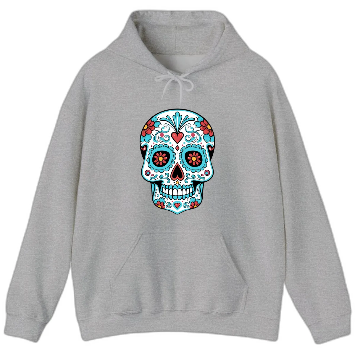 Vibrant Calavera Floral Heart Skull Hoodie in Sport Grey