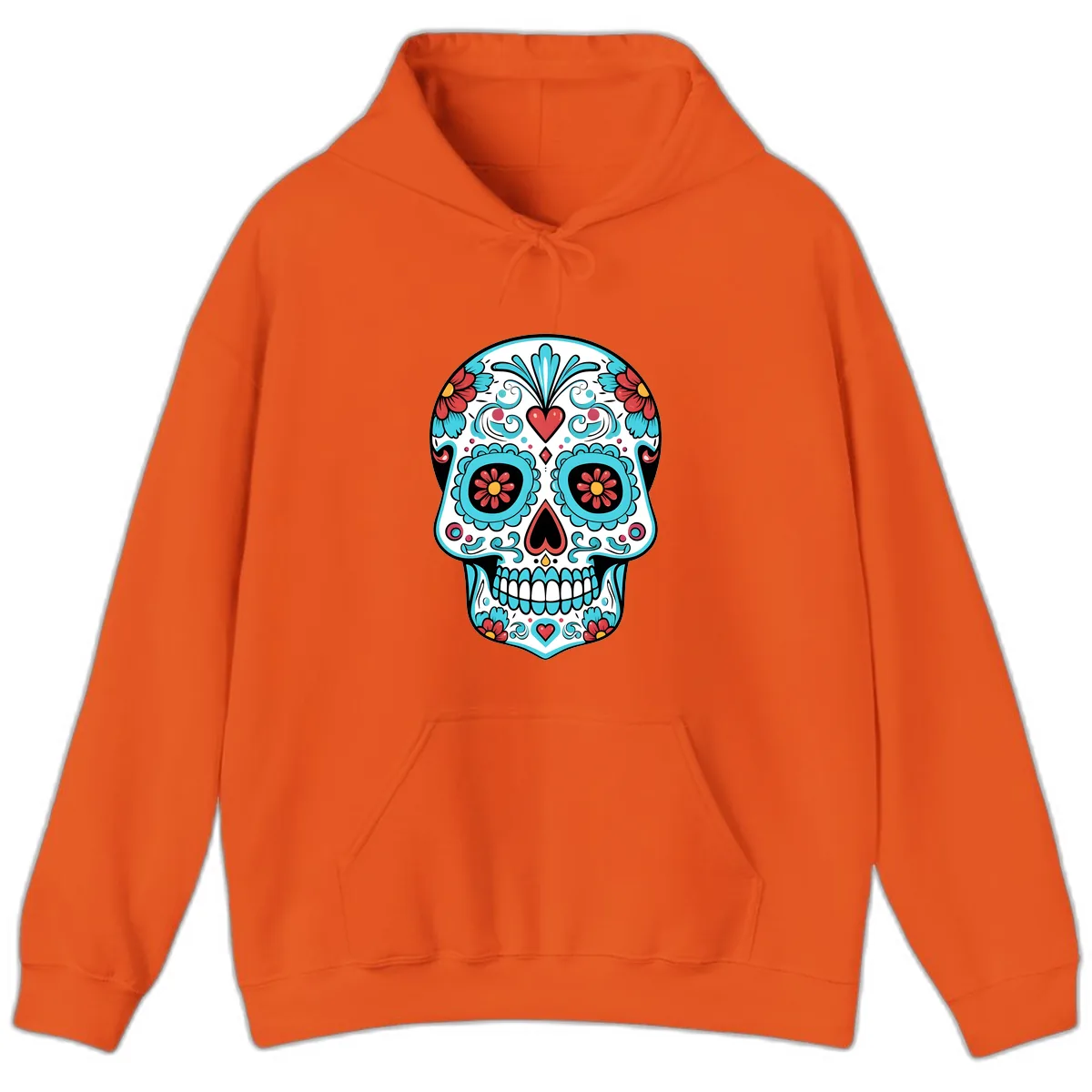 Vibrant Calavera Floral Heart Skull Hoodie in Orange