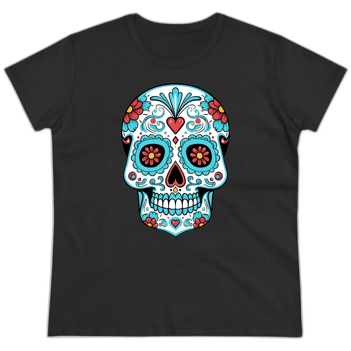 Vibrant Calavera Floral Heart Skull Ladies Tee in Black
