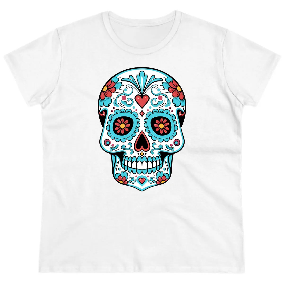Vibrant Calavera Floral Heart Skull Ladies Tee in White