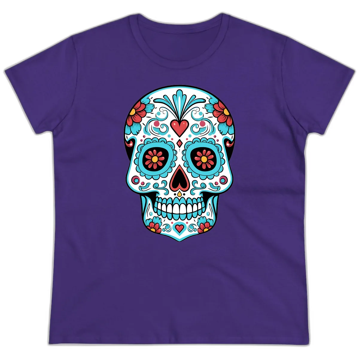 Vibrant Calavera Floral Heart Skull Ladies Tee in Purple