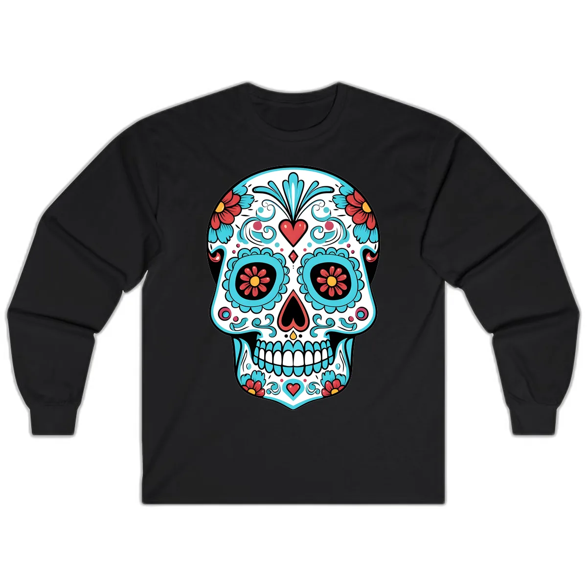 Vibrant Calavera Floral Heart Skull Long Sleeve in Black