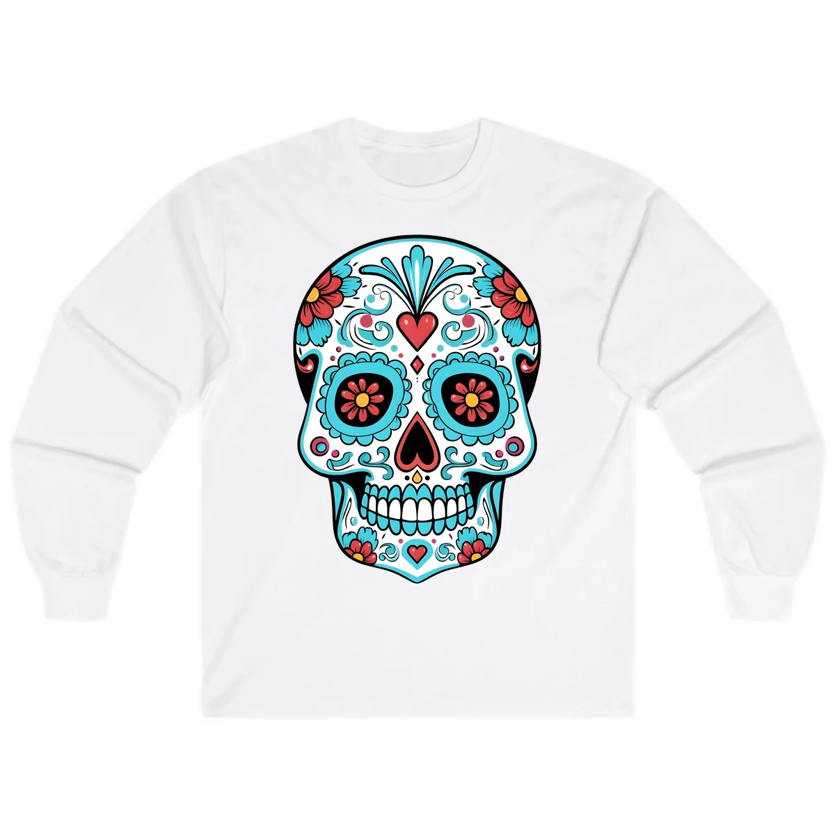 Vibrant Calavera Floral Heart Skull Long Sleeve in White