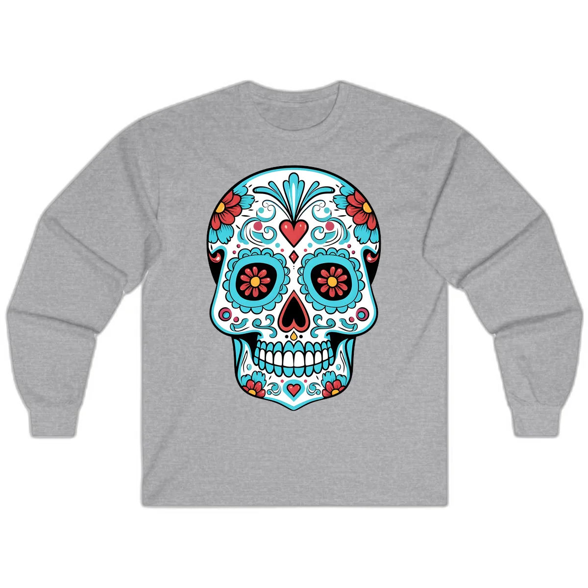 Vibrant Calavera Floral Heart Skull Long Sleeve in Sport Grey