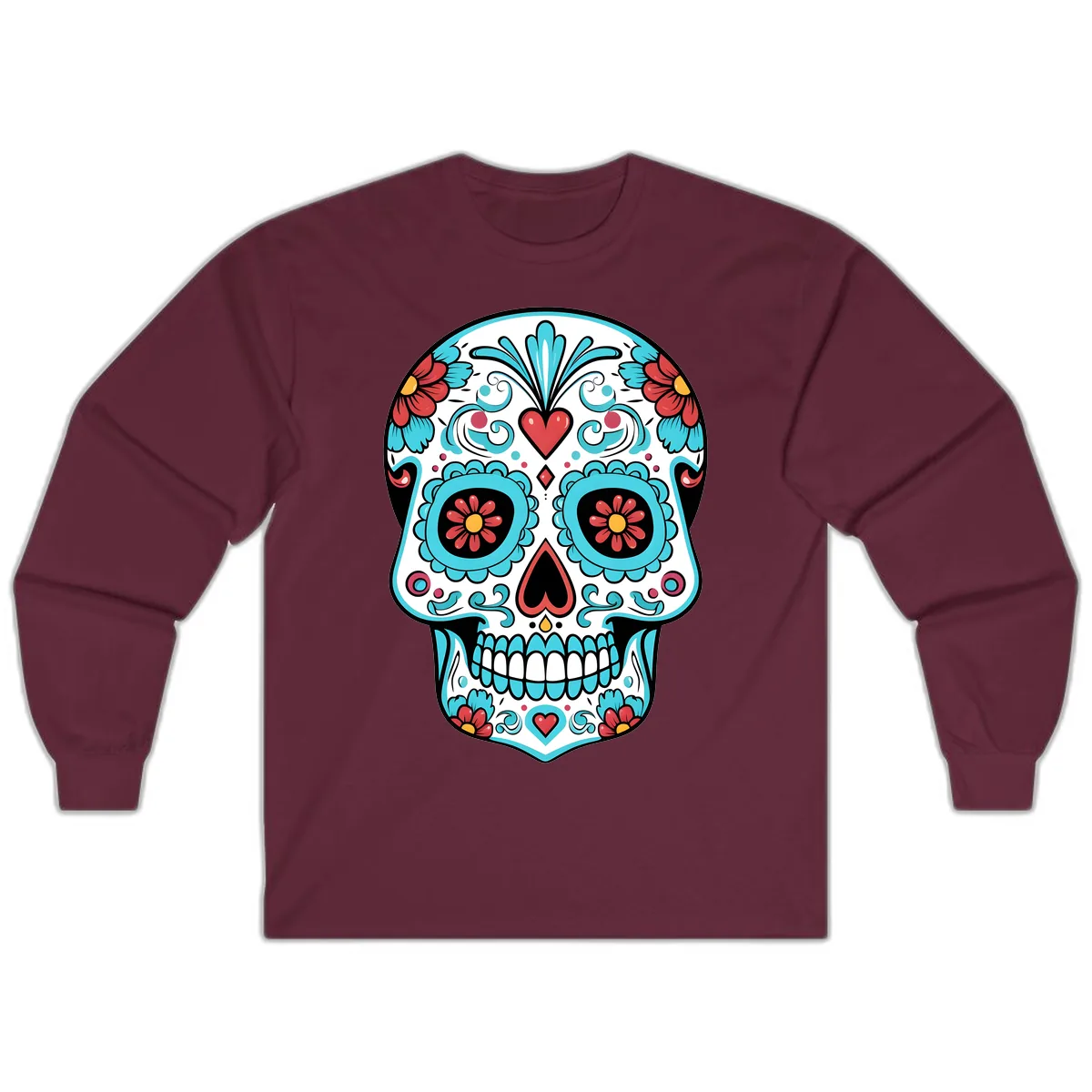 Vibrant Calavera Floral Heart Skull Long Sleeve in Maroon