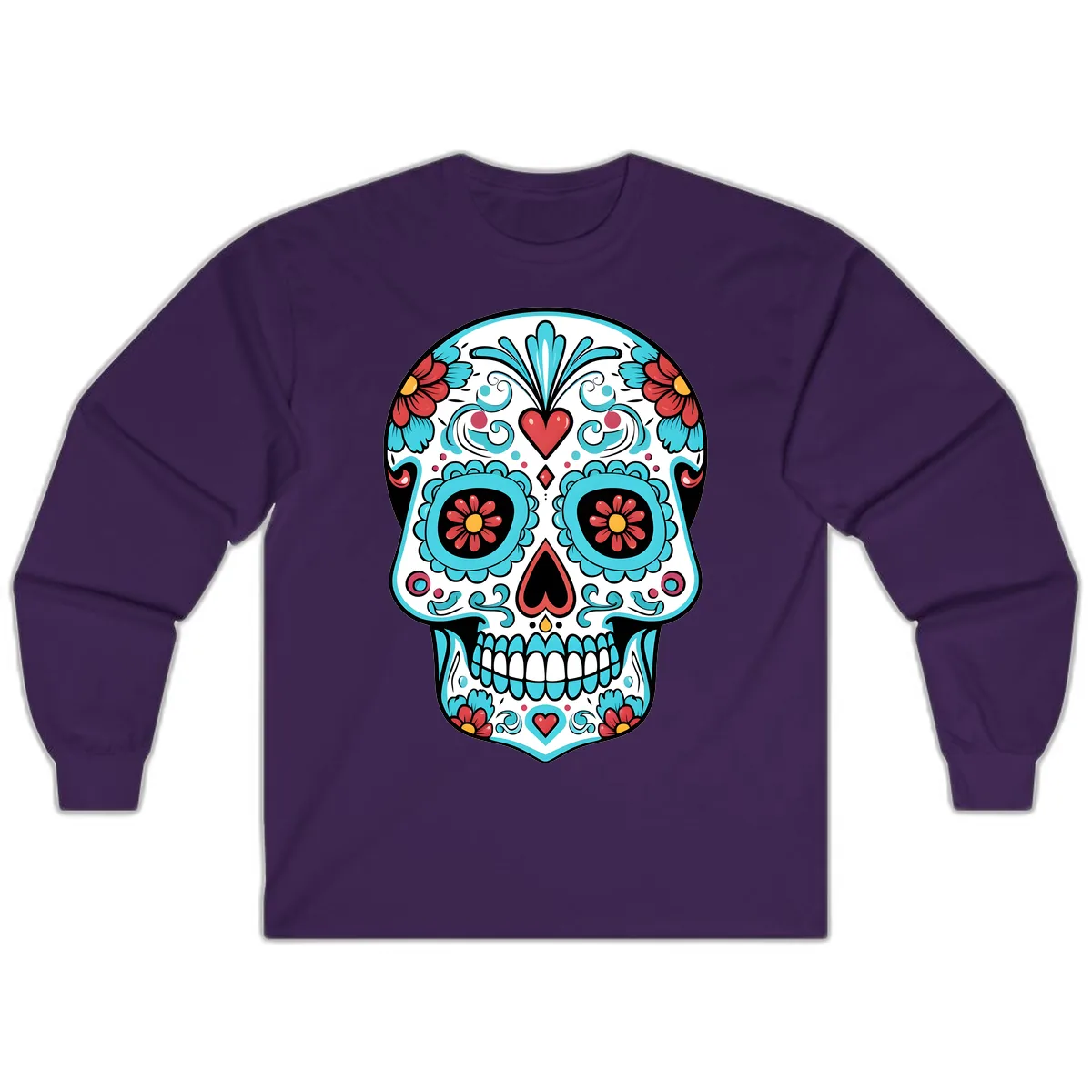 Vibrant Calavera Floral Heart Skull Long Sleeve in Purple