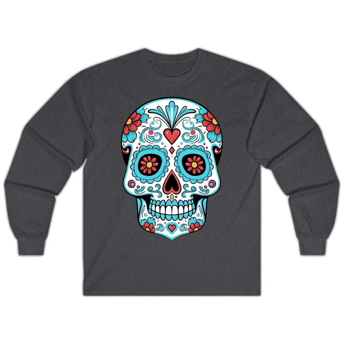 Vibrant Calavera Floral Heart Skull Long Sleeve in Dark Heather