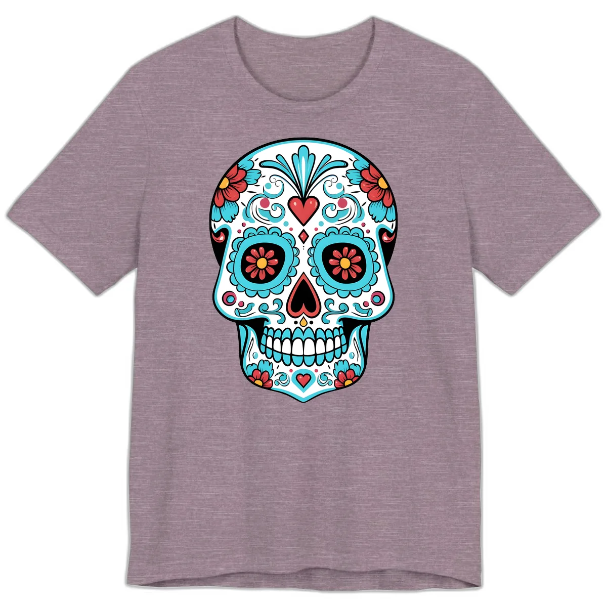 Vibrant Calavera Floral Heart Skull Premium T-Shirt in Heather Purple
