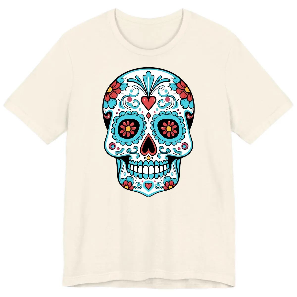 Vibrant Calavera Floral Heart Skull Premium T-Shirt in Natural