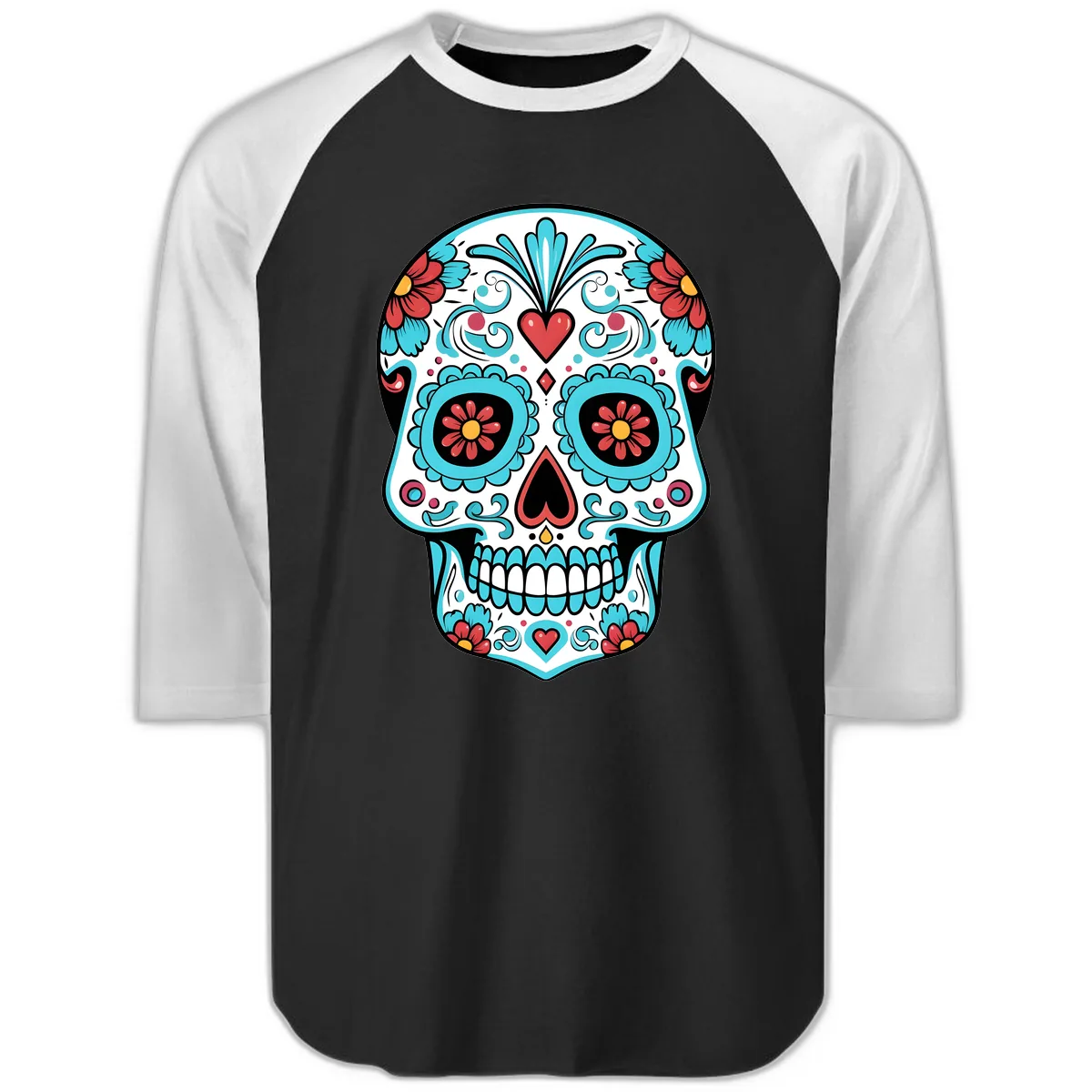 Vibrant Calavera Floral Heart Skull Raglan 3/4 in Black White