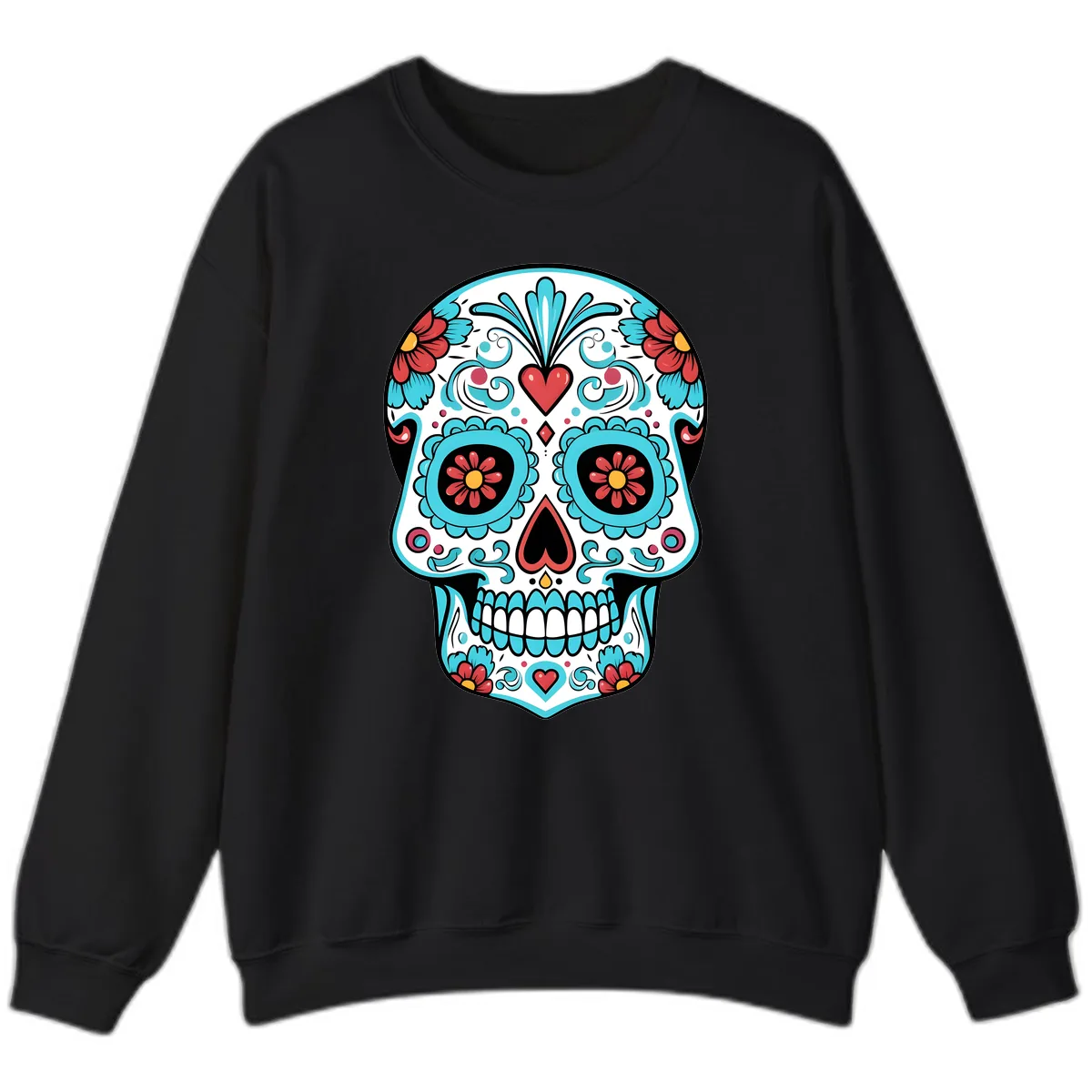Vibrant Calavera Floral Heart Skull Sweatshirt in Black