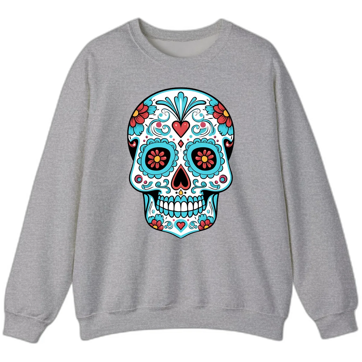 Vibrant Calavera Floral Heart Skull Sweatshirt in Sport Grey